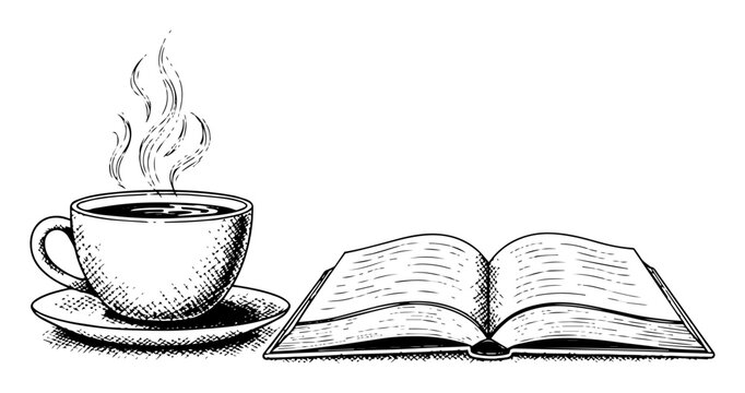 cozy coffee cup and open book sketch vector black shape