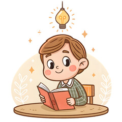 A cute boy reads a red book at a wooden table, with a lightbulb hovering above.