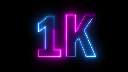 Glowing neon pink and blue color 1k number text icon animation followers or subscribers and like comment letter celebration on black background