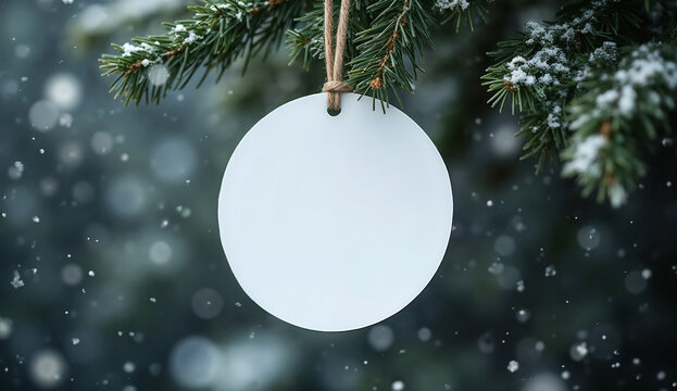 White round paper hanging on Christmas tree during a snowfall