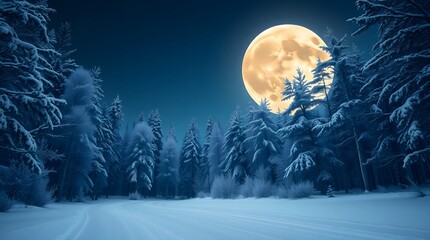 Snowy winter forest illuminated by a bright full moon at night time