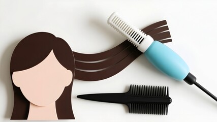 Illustration of Hair Coloring and Styling Tools with Comb and Paper Cutout Models