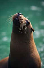 Obraz premium Sea lion portrait with head up. Cute marine mammal looks out of water. Wild animal with wet brown fur, whiskers swims in green ocean. Close up of pinniped creature in natural habitat enjoying sea