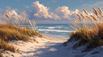 Path leading to a beautiful sunny beach with golden sea oats and gentle waves