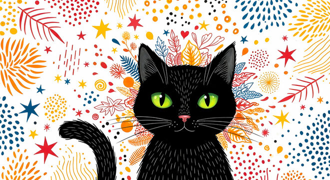 Charming black cat with bright green eyes on a vibrant, celebratory background with abstract floral and star patterns, a modern illustration concept