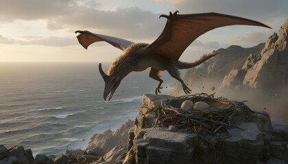 Pterodactyl landing at cliff nest with eggs