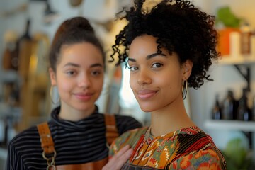 Two women stand close together, smiling warmly in a colorful shop. The space features various handmade items, creating a lively atmosphere perfect for browsing and socializing