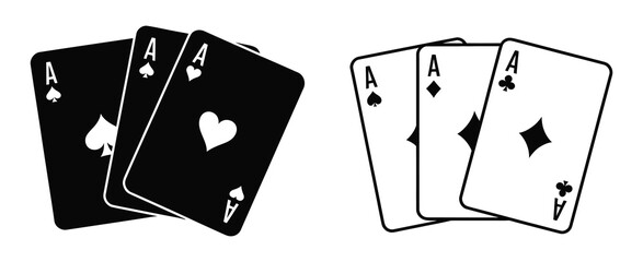 Set of playing card vector icons, gambling game, four card, black outline icons, perfect for casino graphics, poker tutorials, card game designs
