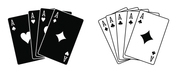 Set of playing card vector icons, gambling game, four card, black outline icons, perfect for casino graphics, poker tutorials, card game designs