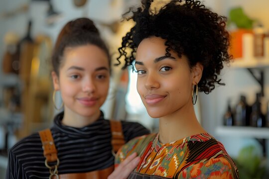 Two women stand close together, smiling warmly in a colorful shop. The space features various handmade items, creating a lively atmosphere perfect for browsing and socializing