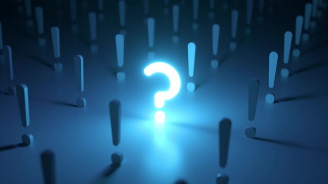 Glowing blue question mark standing out in a crowd of exclamation points on a dark background, representing the concept of doubt, curiosity, and the search for answers and solutions