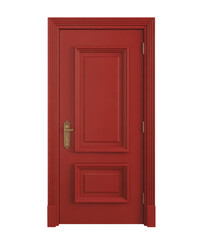 Red paneled door with brass handle isolated on a transparent background