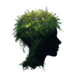 Nature's Mind: A captivating silhouette of a person, her mind blossoming with vibrant foliage, symbolizing the connection between inner thoughts and the natural world.