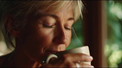 Serene woman enjoying morning coffee by the window at home