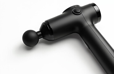 Black percussion massage gun aids muscle recovery, reduces pain after workouts. This handheld device stimulates circulation, relieves fatigue, improving overall body wellness, physical condition.