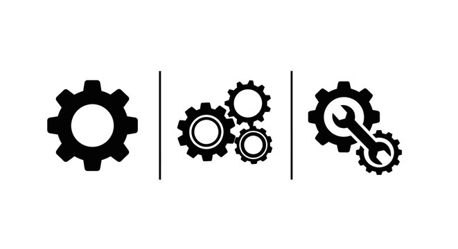 Gear icons: simple silhouettes featuring single gear, multiple cogs, and maintenance tool