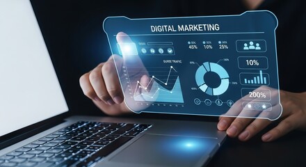 Business analyst interacting with futuristic holographic financial data display