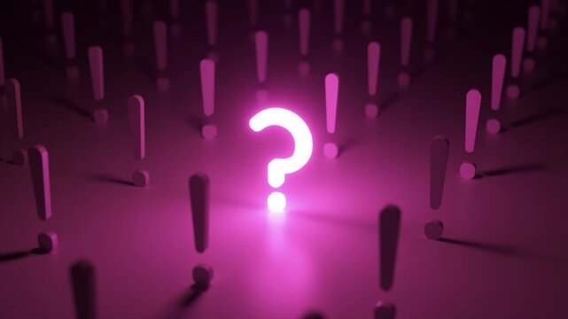 Luminous pink question mark shining brightly among a field of exclamation points, representing the concept of doubt, curiosity, and the search for answers in a world of assertions