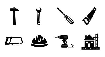 Silhouette toolkit icons: essential construction and repair tools for home projects