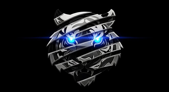 A stylized tiger head with metal stripes and glowing blue eyes on a black background illustration