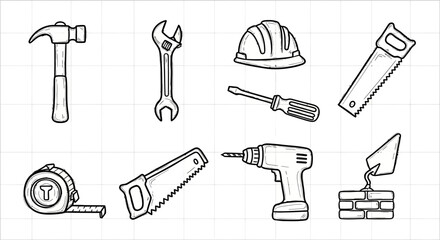 Hand drawn construction tools set: hammer, wrench, hard hat, saw, screwdriver, and drill