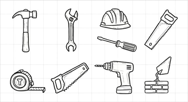 Hand drawn construction tools set: hammer, wrench, hard hat, saw, screwdriver, and drill