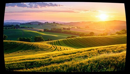 A picturesque landscape of rolling green hills and fields bathed in the warm glow of a golden hour sunset.