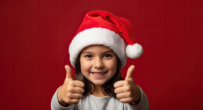 A cheerful young child, adorned in a festive santa hat, radiates pure joy as they enthusiastically flash the thumbs-up gesture against a vibrant red backdrop, conveying the spirit of festive season.