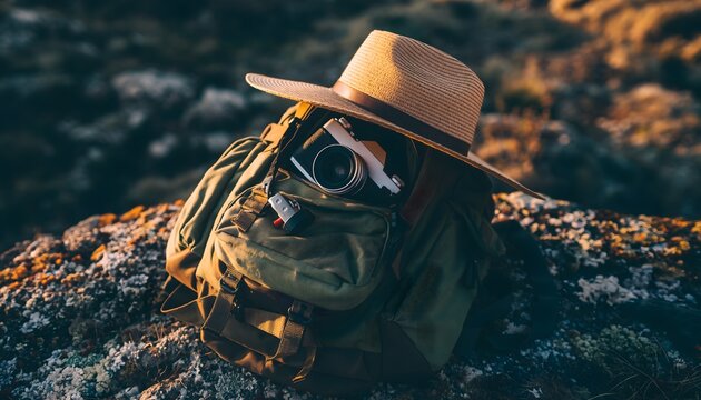 Realistic Traveler’s Backpack with Camera and Hat, Captured as a Symbol of Adventure, Exploration, and Outdoor Discovery