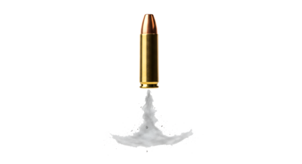 Golden Bullet Firing White Smoke Cloud on White Background, isolated on a transparent background, cutout, PNG