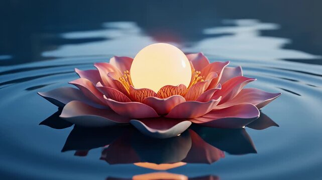 Glowing Orb Inside Pink Lotus Flower Floating on Dark Water Surface with Reflected Light and Ripples Generative AI Art Illustration Rendered Image