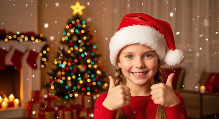 A joyful child with rosy cheeks, eyes sparkling with festive excitement, sporting a vibrant santa hat, expresses cheerful approval on a merry Christmas.