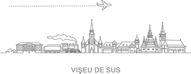 Fototapeta premium Vișeu de Sus Line Art Skyline with Airplane and Train