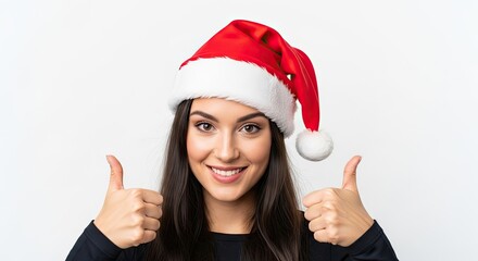 A joyful woman wearing a festive Santa hat, gives a double thumbs-up, sharing holiday cheer and embodying the spirit of Christmas.