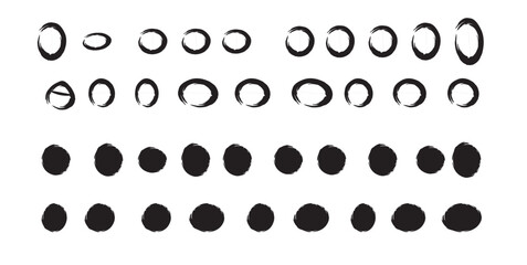 Set of black circular and oval brush stroke shapes Keywords: circle, oval, brush stroke, ink