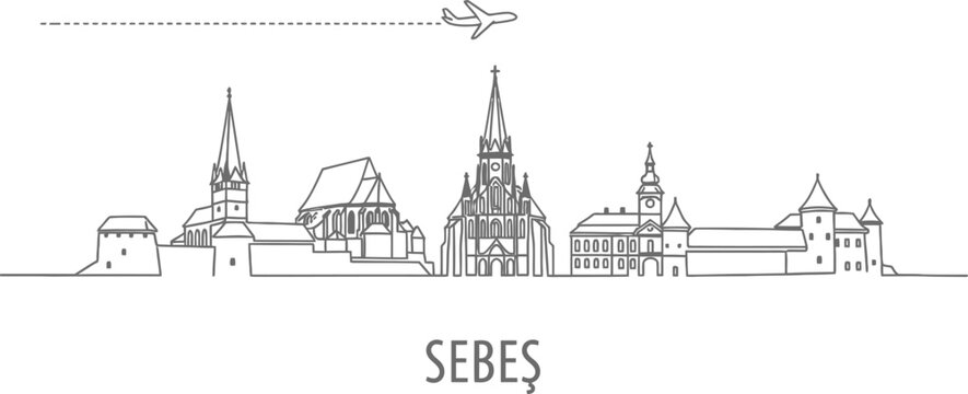 Sebes Skyline with Airplane Illustration