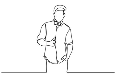 Continuous line drawing of a man wearing headphones. A Man listening to music on headphones or earphones vector illustration. One line man with headphones.
