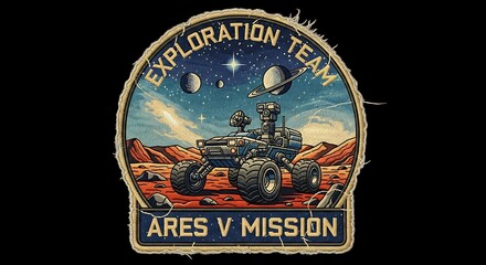 Illustration of ares v mission exploration team patch with space rover on a rocky planet surface