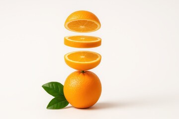 Orange fruit with leaves half and slices side view stacked vertical column on white background for citrus juice nutrition healthy food and branding themes