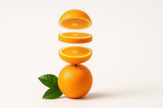 Orange fruit with leaves half and slices side view stacked vertical column on white background for citrus juice nutrition healthy food and branding themes