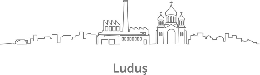 Naklejka premium Minimalist Outline Skyline of Luduş Featuring Factory and Church