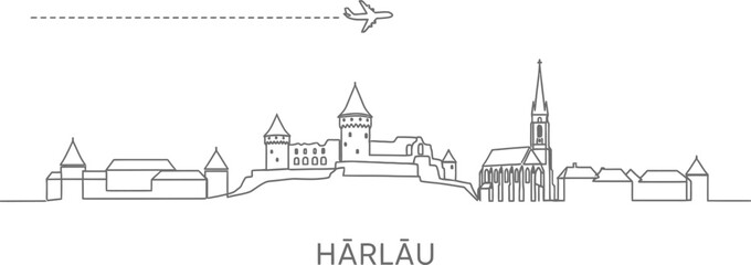 Fototapeta premium Härlău Cityscape with Airplane and Flight Path