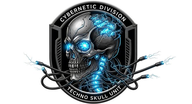 Cybernetic division techno skull unit emblem with skull and electric cables on a white background