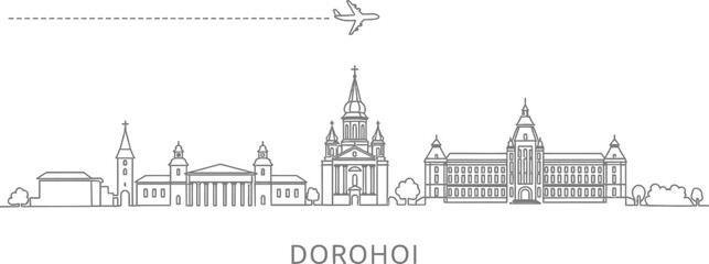 Obraz premium Dorokhoi Skyline with Airplane and Flight Path