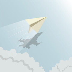 Conceptual vector illustration of a paper airplane flying high above the clouds with the shadow of a fighter jet beneath it