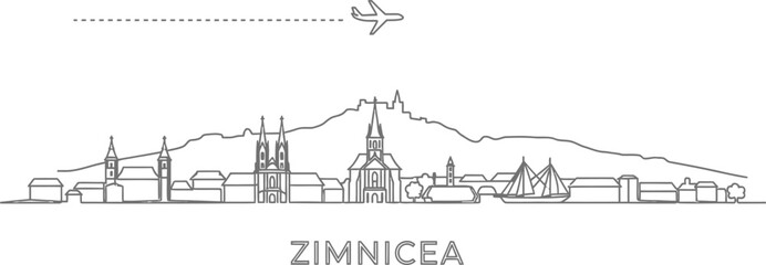 Obraz premium Zimnicea Skyline with Airplane and Sailboat Line Art