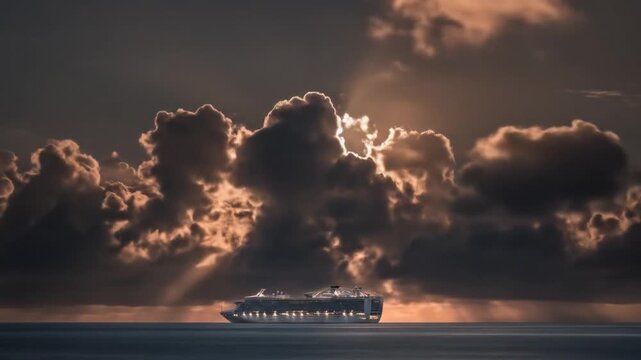 Dramatic clouds and ship at sunset over ocean water surface