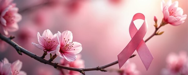 Pink ribbon symbol of breast cancer awareness on cherry blossom branch. Hopeful support message for women health campaign. Gentle pink flowers symbolize life, renewal, and early detection.