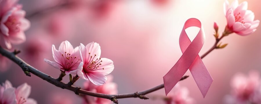 Pink ribbon symbol of breast cancer awareness on cherry blossom branch. Hopeful support message for women health campaign. Gentle pink flowers symbolize life, renewal, and early detection. - Powered by Adobe