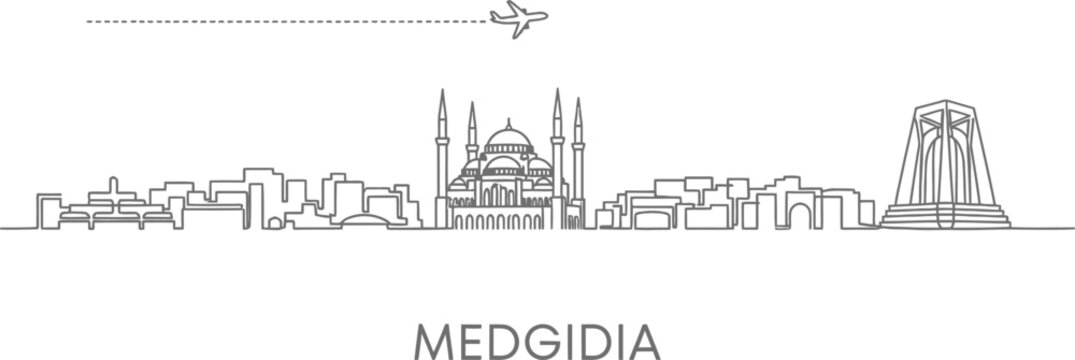 Medgidia City Skyline with Airplane Travel Concept